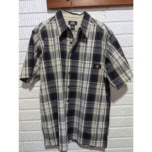 Dickies Men's Black Plaid Pattern Short-Sleeve Cotton Button-Down Shirt Size L